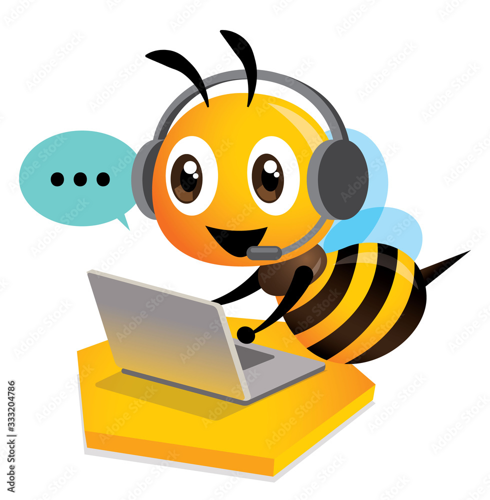 Cute bee customer service operator with bubble talk. Cute bee wearing headset using computer laptop for customer support - vector character Cute bee customer service operator with bubble talk. Cute bee wearing headset using computer laptop for customer support - vector character