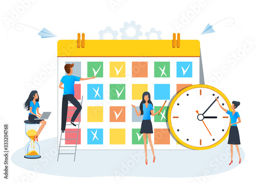 Planning schedule, calendar or planner concept. Teamwork and effective time management. Team of business people filling the schedule in the timetable. Can use for web banner, presentation, mobile app