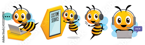 Cute bee customer service operator. Cute bee wearing headset and stay beside LED touch screen standee. Cute bee customer support - vector character