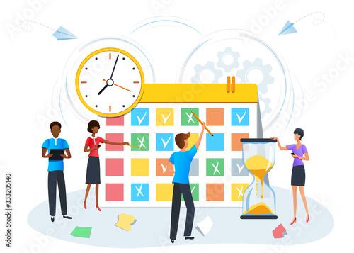 vector illustration  planning schedule calendar reminder  organize daily routine  business people meeting  effective time management  deadline  agenda or appointments  work planning  tasks scheduling