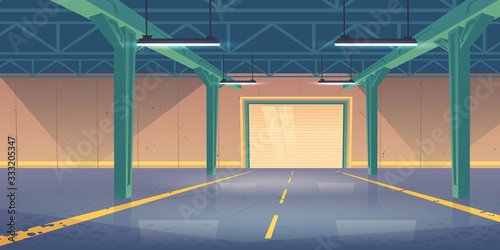 Empty warehouse interior with rolling shatter gates, concrete flooring, illuminating lamps on ceiling. Delivery service industrial storehouse, rental storage facility, Cartoon vector illustration