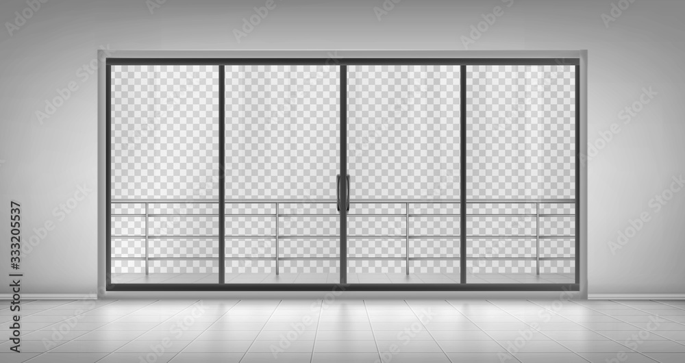 Glass window door with balcony railings and closed doors isolated on transparent background. Empty room with tiled floor, hotel apartment, mall, office interior design, Realistic 3d vector mock up