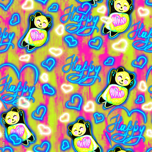 panda background pattern.Dynamic petals in the wild. Ideal for printing on fabrics and paper  T-shirts  dresses.Neon tropic. Rainbow Neon Pastel Pattern