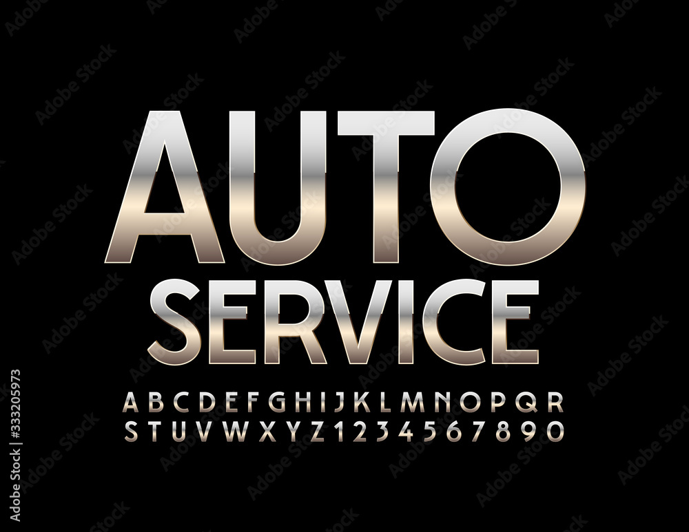 Vector metallic sign Auto Service. Silver modern Font. Reflective Alphabet Letters and Numbers - obrazy, fototapety, plakaty 
