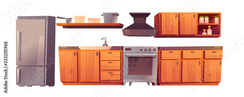 Kitchen rustic appliances and western wooden furniture set. Table, oven, range hood, refrigerator and utensil. Equipment for cooking isolated on white background, Cartoon vector illustration, clip art