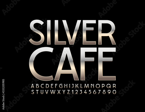 Vector elegant logo Silver Cafe. Reflective metal Font. Chrome Alphabet Letters and Numbers