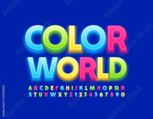 Vector bright emblem Color World. Glowing art Font. Creative Alphabet Letters and Numbers set
