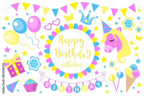 Happy birthday modern cute icons set, cartoon flat style. Party collection of design elements with unicorn, balloons, gerland, sweets. Candy and cake for childrens holiday kit. Vector illustration