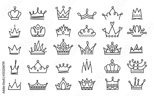 Naklejka Doodle crowns. Line art king or queen crown sketch, fellow crowned  heads tiara, beautiful diadem and luxurious decals vector illustration set.  Royal head accessories linear collection - korona, królowa, tiara,  fototapety