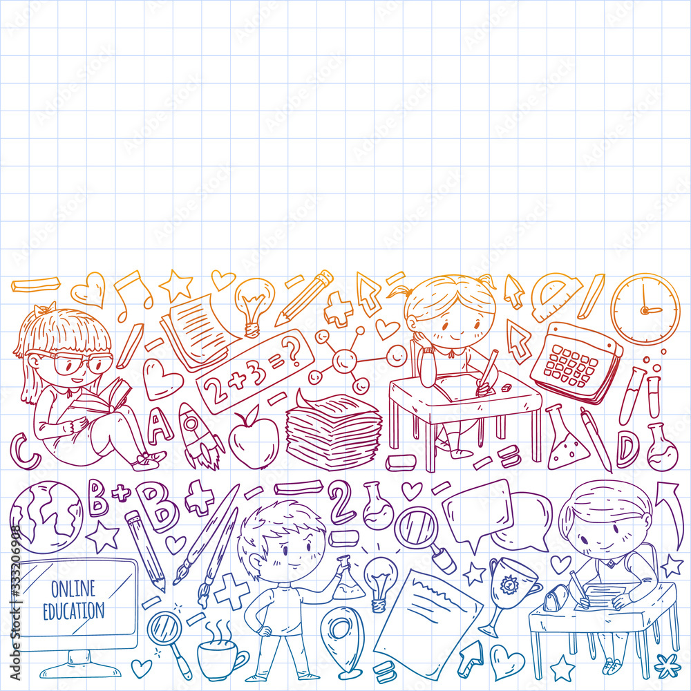 Online education concept. Vector icons and elements for little children, college, internet courses. Doodle style, kids drawing. Online education concept. Vector icons and elements for little children, college, internet courses. Doodle style, kids drawing.