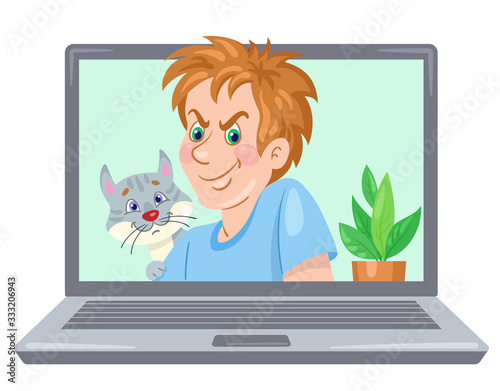 Funny guy with a cat and a flower on a laptop screen. Video chat online. Internet communication during quarantine. In cartoon style. Vector illustration.