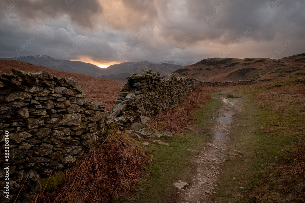 Sunset over Wrynose Pass from Loughrigg, Lake District, UK