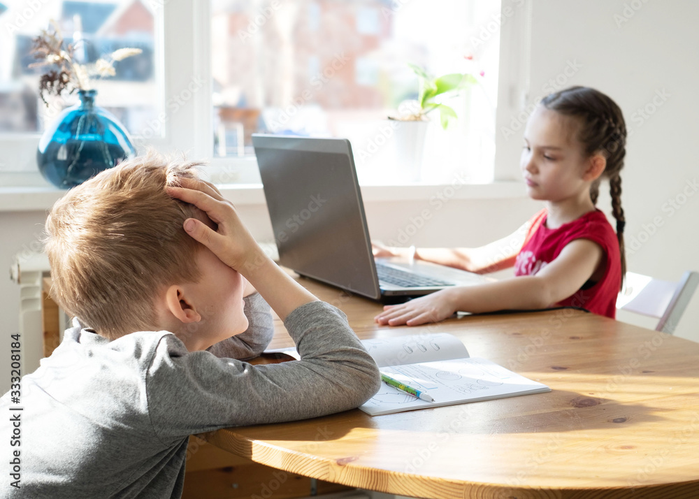 Distance lerning concept. Sall blond boy is upset he doesn't have laptop, his caucasian sister doing her task on laptop while coronavirus isolation Distance lerning concept. Sall blond boy is upset he doesn't have laptop, his caucasian sister doing her task on laptop while coronavirus isolation