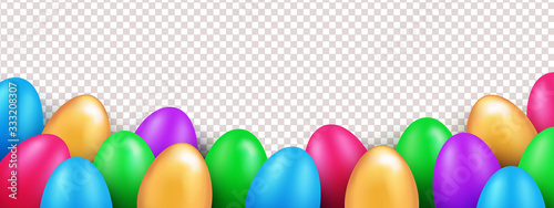 Vector multi colored Easter eggs. Realistic border for Easter holidays. Isolated on transparent background.