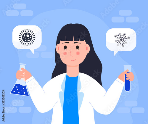 Scientist woman in lab. Girl in white coat, chemical researcher is holding tube. Virologist concept vector. Microbiologist is creating vaccine in laboratory, science experiment