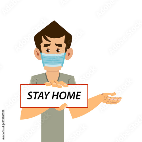 man wearing surgical face mask and advice for stay home. coronavirus concept