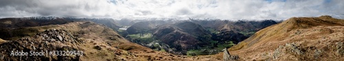 Panorama of the snow covered summits of the Helvellyn Range above Patterdale, from the descent of Place Fell, Lake District, UK © Nigel