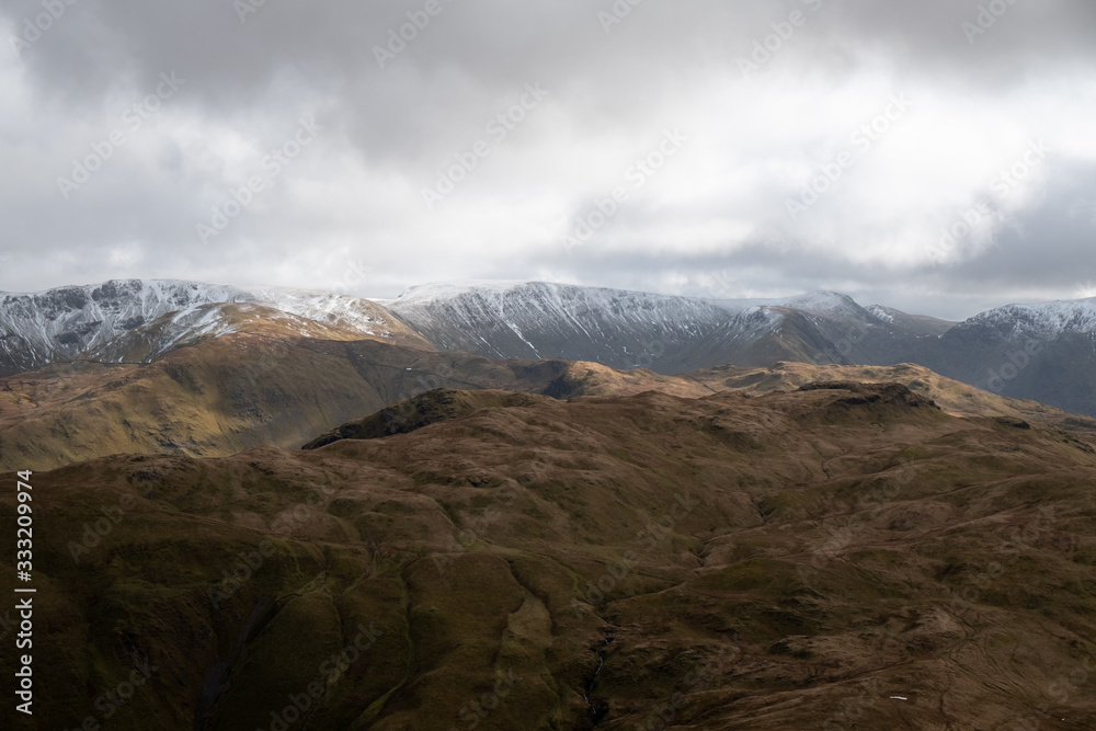 Snow covered summits of High Street Range from Place Fell, Lake District, UK