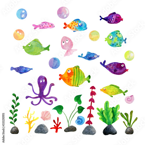 Large set of aquarium, marine fish with bubbles, algae, octopus, jellyfish and corals. Children's illustration, watercolor clipart on a white background.