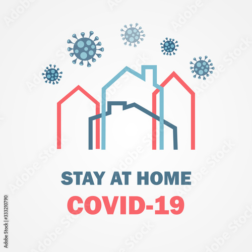 Shelter in place icon. Pandemic of coronavirus and social distancing symbol. Stay at home Covid-19 text and house logo. Self isolation in home poster, banner, card design.
