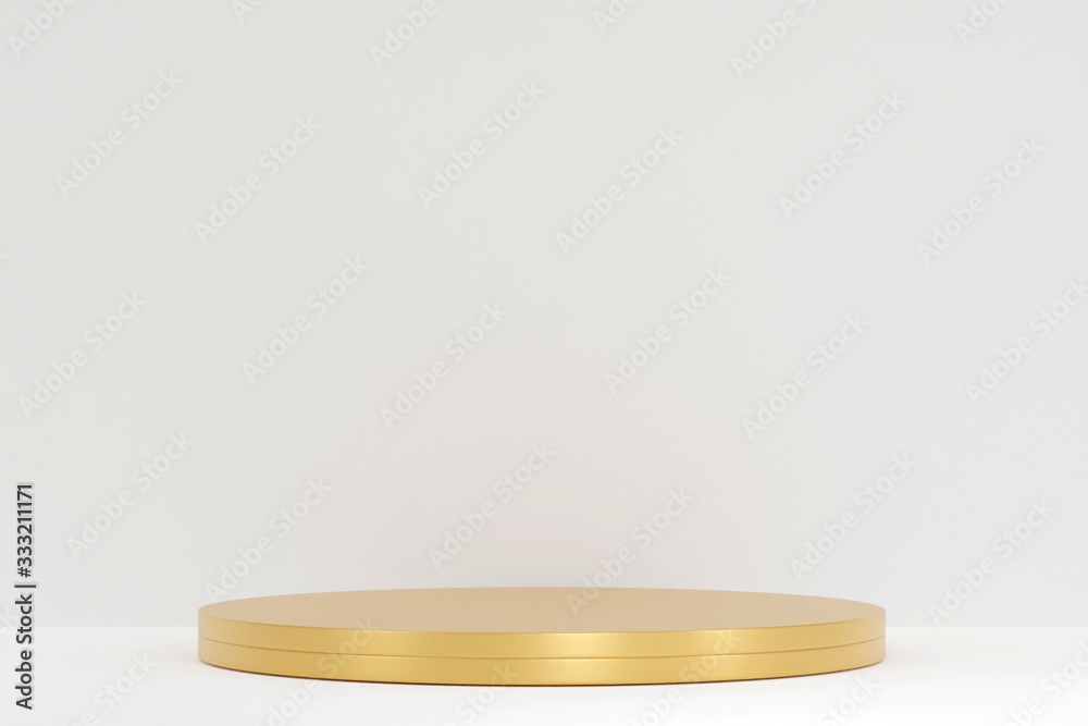 3d rendering scene with composition empty golden cylinder podium for cosmetic product presentation & abstract background. Mockup Geometric shape in white background color. Minimal design empty space. 3d rendering scene with composition empty golden cylinder podium for cosmetic product presentation & abstract background. Mockup Geometric shape in white background color. Minimal design empty space.