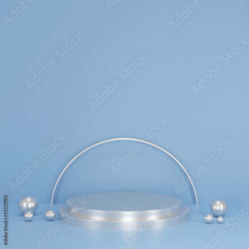 3d rendering scene with composition empty silver cylinder podium for cosmetic product presentation & abstract background. Mockup Geometric shape in blue pastel colors. Minimal design empty space.