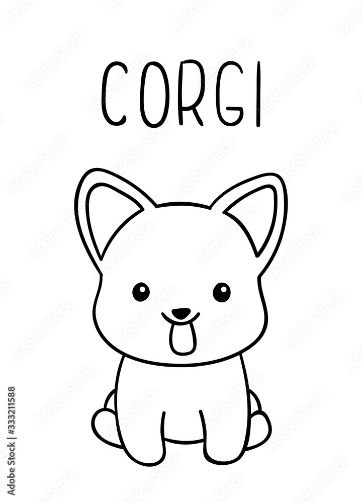 Coloring pages, black and white cute kawaii hand drawn corgi dog doodles, lettering corgi