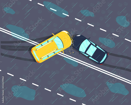 The driver did not have time to brake and two car crashed on slippery road from rain. Vector illustration