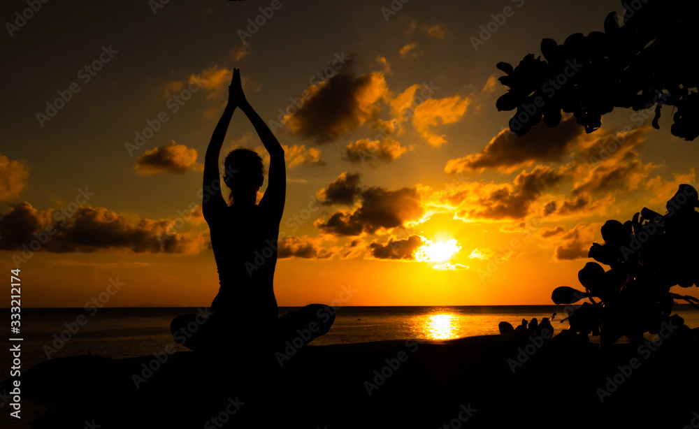 Serenity and yoga practicing in twilight sunset time, meditation