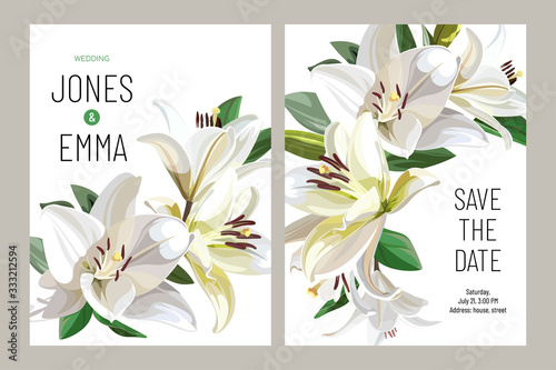 Floral wedding invitation card template design. Light Lilies on white background.