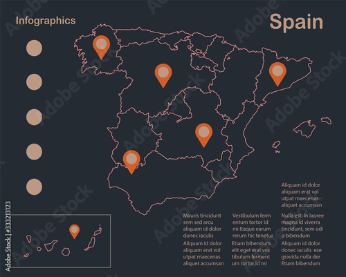 Infographics Spain map outline, flat design, color blue orange vector