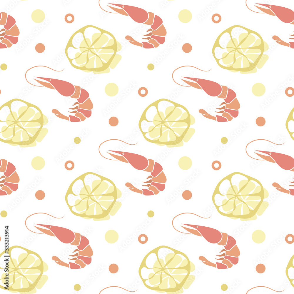 Food seamless pattern. Lemon, lime, circles and shrimp pattern on white background. Vector illustration. Summer template. Monochrome repeating texture. Modern ornament. Design paper, wallpaper, cover.
