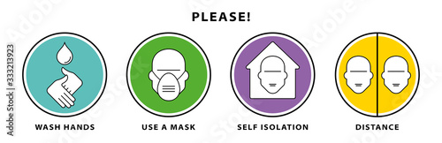 Recommendations for the prevention of viral infectious diseases. Preventive measures to maintain health. Wash your hands, use a mask, keep your distance and isolate yourself. Isolated vector elements.