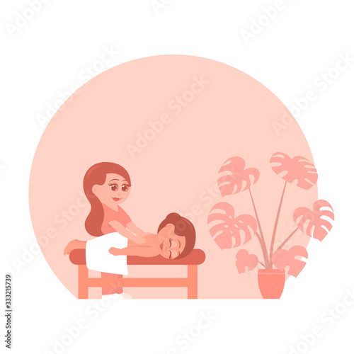 Woman on a massage procedure in a beauty salon. Place for text. Vector cartoon illustration.