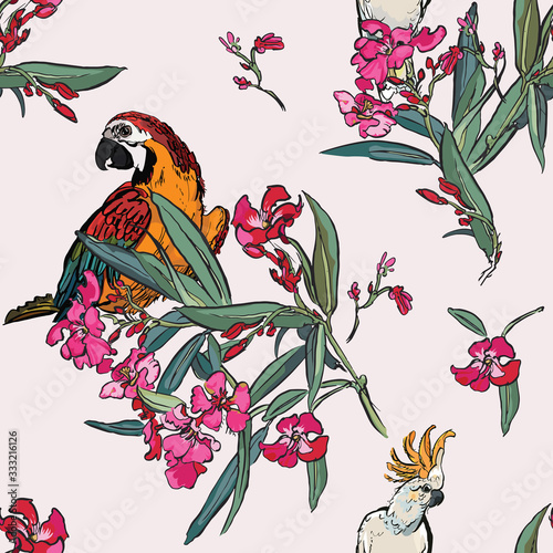 Cockatoo Parrots in Pink Blooming Flowers Exotic Tropical Life, Floral Seamless Pattern Hand Drawn Illustration, Pink Oleander Textile Design Tropical Plants, Jungle Wildlife on Pink Background © Irina
