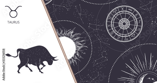 Zodiac background. Constellation Taurus. Horizontal banner. Vector illustration