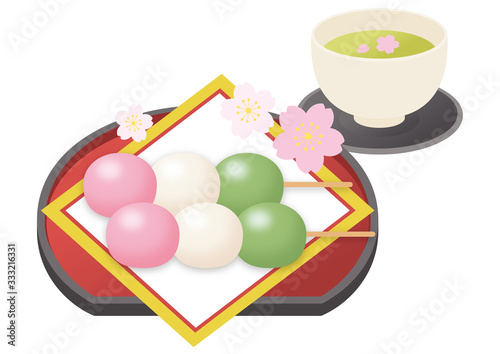 三色団子と赤いお盆と懐紙とお茶のセット