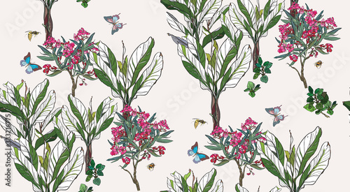 Exotic Plants with Oleander Flower Trees Summer Garden, Tropical Blooming Plants with Insects Butterfly, Bees Doodle Drawing, Hand Drawn Floral Wallpaper Design, Seamless Pattern on White Background
