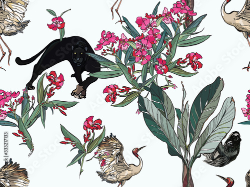 Wallpaper Mural Pantera, Crane, Sloth in Jungle Forest with Palms and Small Pink Flowers in Wildlife Isolated Elements, Oleander Pink Flowers Seamless Pattern on White Background, Realistic Hand Drawn Illustration Torontodigital.ca