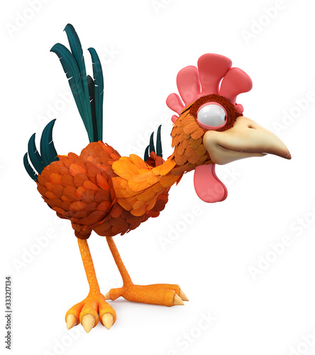3d illustration of a funny cock with a big comb/3d illustration of a feathered bird living on a farm in a chicken coop