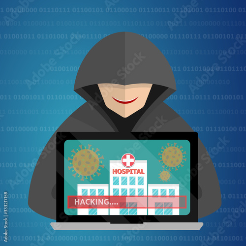 Hacker Hit Hospitals Amid Pandemic, Hacking hospital in laptop screen, Hacker at laptop, binary code background, Coronavirus, covid-19.