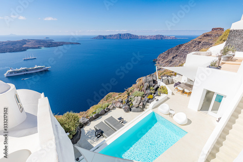 Luxury summer landscape with swimming pool with sea view. White architecture on Santorini island  Greece. Tranquil travel background with white architecture
