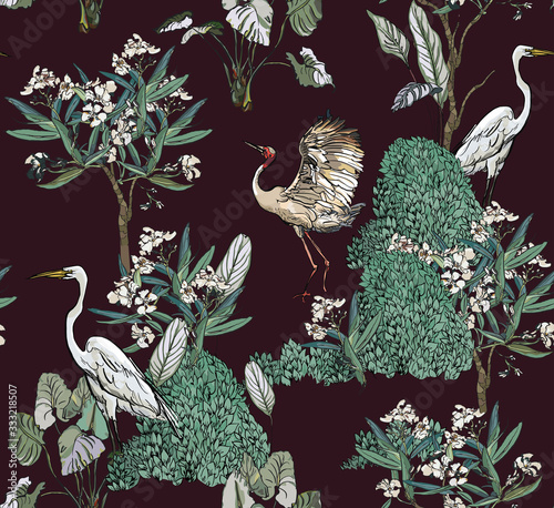 White Birds Cranes in Blooming Garden Spring Flowers on Dark Night Background, Exotic wallpaper Design, Chinoiseire Tropical Birds in Floral Trees on Dark Background, Night Jungle