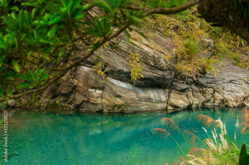 Taroko Pavilion Scenic Area  Hualien  Taiwan  with colorful rock walls and turquoise streams in Shakayu Creek