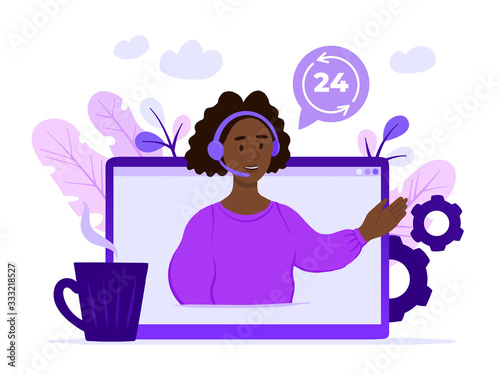 Concept customer and operator, online technical support 24-7 for web page. Vector illustration african american female hotline operator advises client. Online assistant, virtual help service.