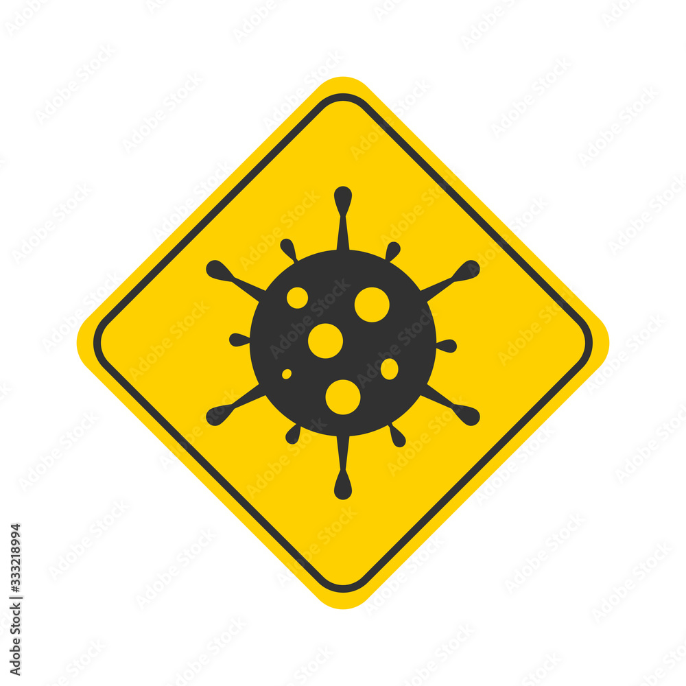 Concept of fight against virus.Virus attack. Prevention signs, Yellow caution board with virus . beware and careful Sign, warning symbol, vector illustration. Concept of fight against virus.Virus attack. Prevention signs, Yellow caution board with virus . beware and careful Sign, warning symbol, vector illustration.