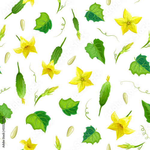 seamless cucumber pattern with yellow flowers, leaves and seeds on white. ripe cucumber fruit endless vector background. healthy food illustration. realistic vegetables backdrop. for summer eco design