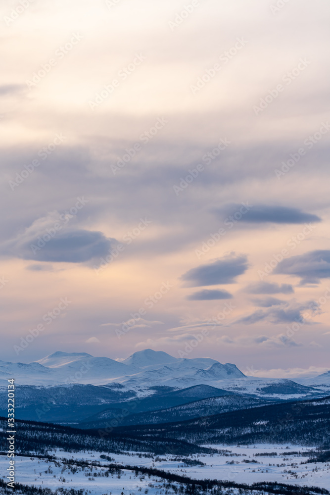 Sunrise over the mountains in Dovrefjell National Park