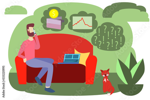 Vector illustration of home work freelance. Economic crisis due to interruption of work due to coronavirus. Losing money decreases the value of stocks and bonds
