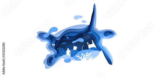 Paper cut turtle with plastic rubbish, fish, bubbles and coral reefs isolated on white background. Paper art tortoise. Ocean plastic pollution concept. Eco problem poster. Vector illustration
